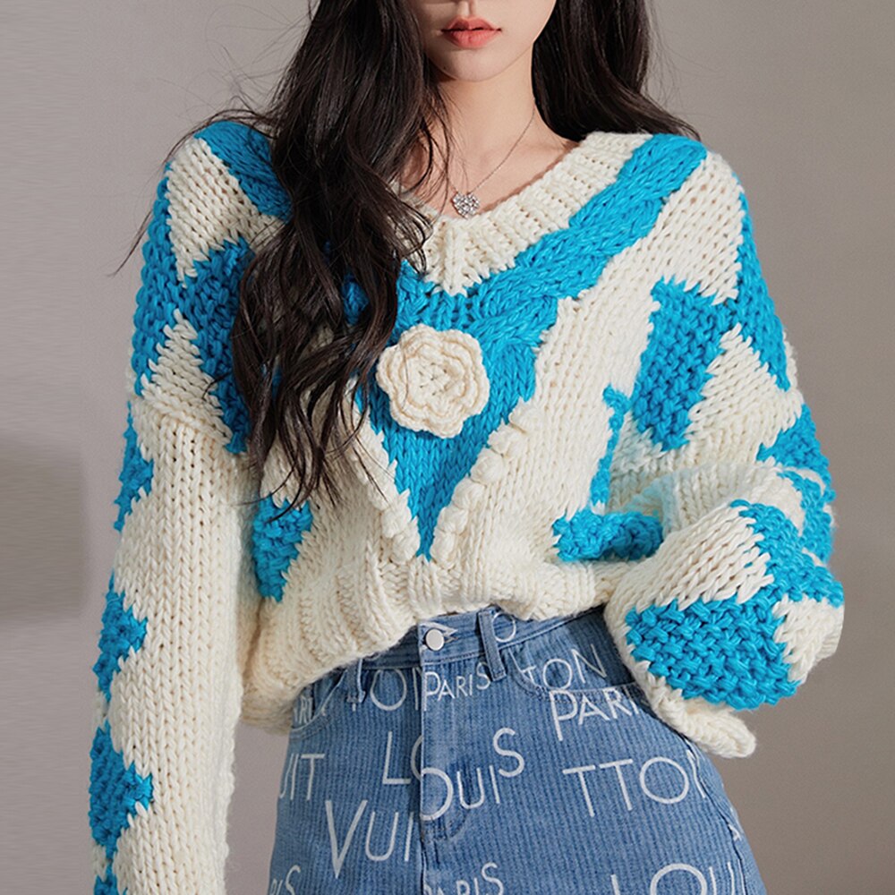 Korean Fashion Sweater For Women V Neck Long Sleeve Patchwork Floral Loose Knitting Pullover Female Autumn Clothing