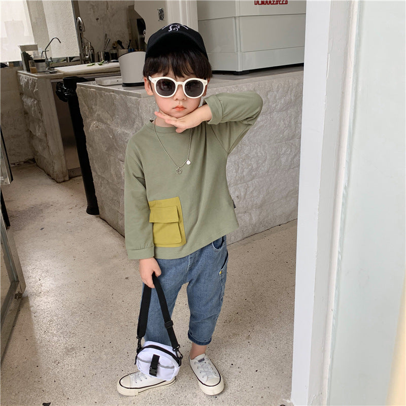 New Korean Version Of Children's Bottoming Shirt, Small And Medium-Sized Children's Big Pocket Round Neck Pullover Top