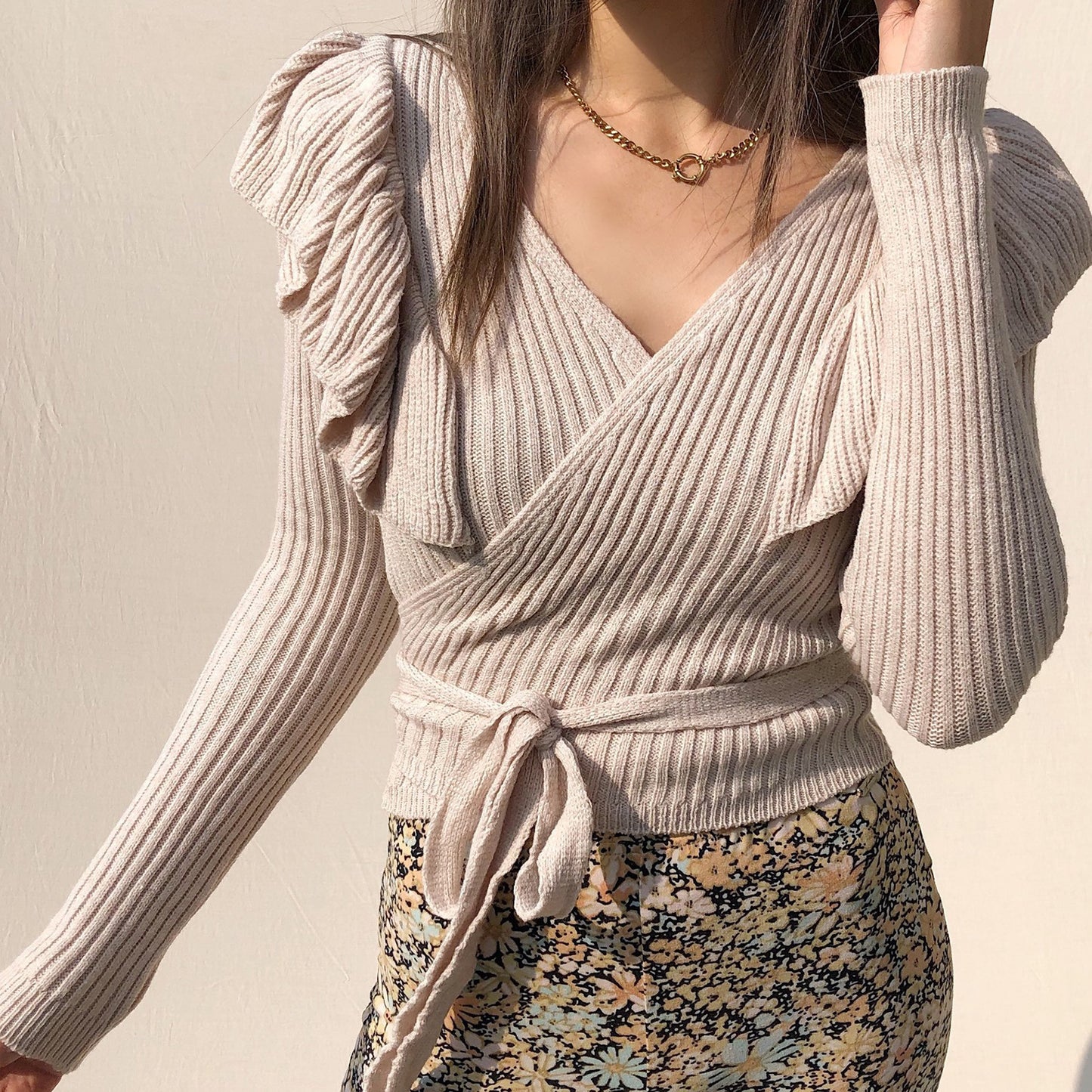 European And American Straps Slim Solid Color Knitwear Long Sleeves