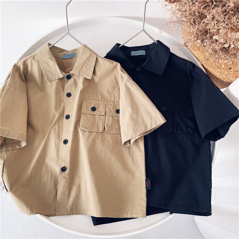 Children's Dlothing Summer Boy Short-Sleeved Baby Shirt Solid Color Children's Handsome Casual Workwear Style Shirt