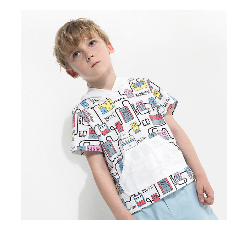 Cartoon print boy's hooded short sleeve t-shirt