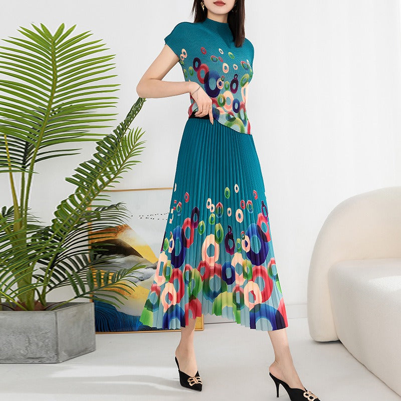 Printed pleated suit for women's pullover, elastic short sleeved top, elastic waist, loose draped half skirt