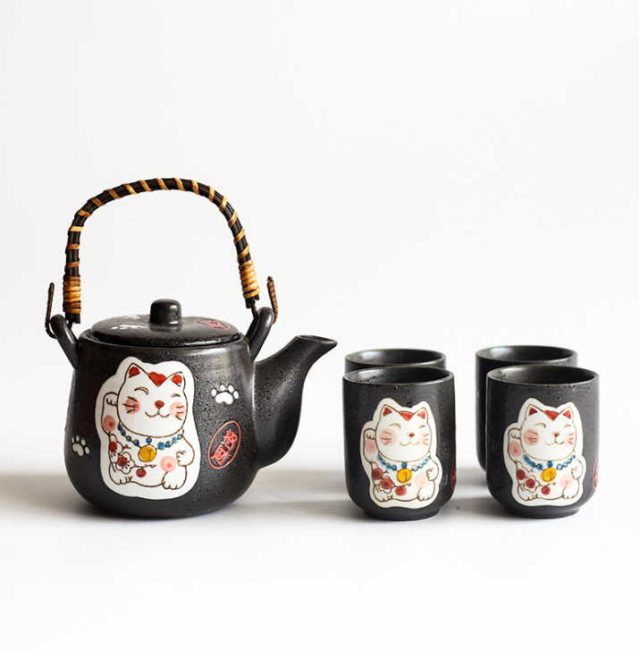 Creative Hand-painted Lucky Cat Ceramic Tea Set One Pot Four Cup Gift Set Home Black Two