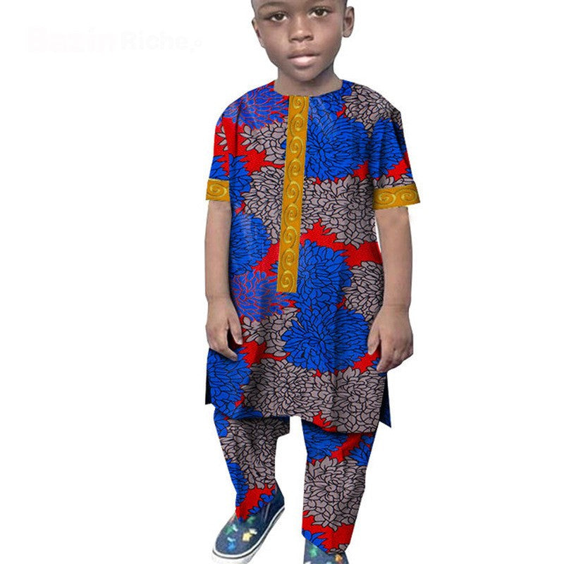 African Boy Suit Cotton Wax Cloth T-shirt And Pants Suit