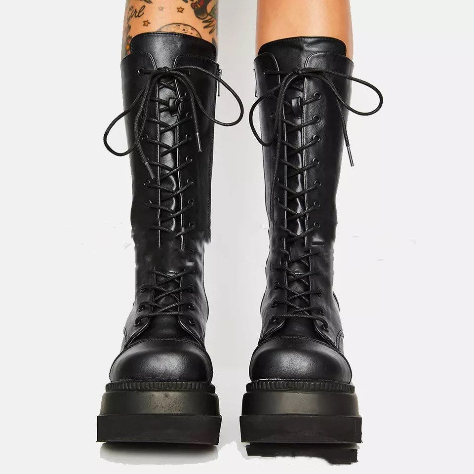 Thick-soled lace-up knight booties