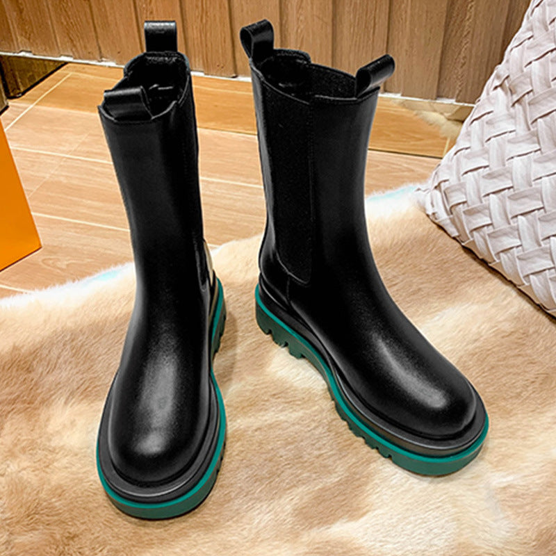 Women's thin and handsome thick-soled mid-tube Martin boots