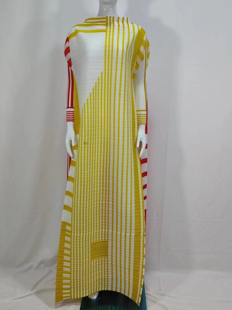Pleated Striped Print Dress Loose Elegant Full Sleeve O Neck Birthday Party Dresses Spring Summer New Fashion 15G6889