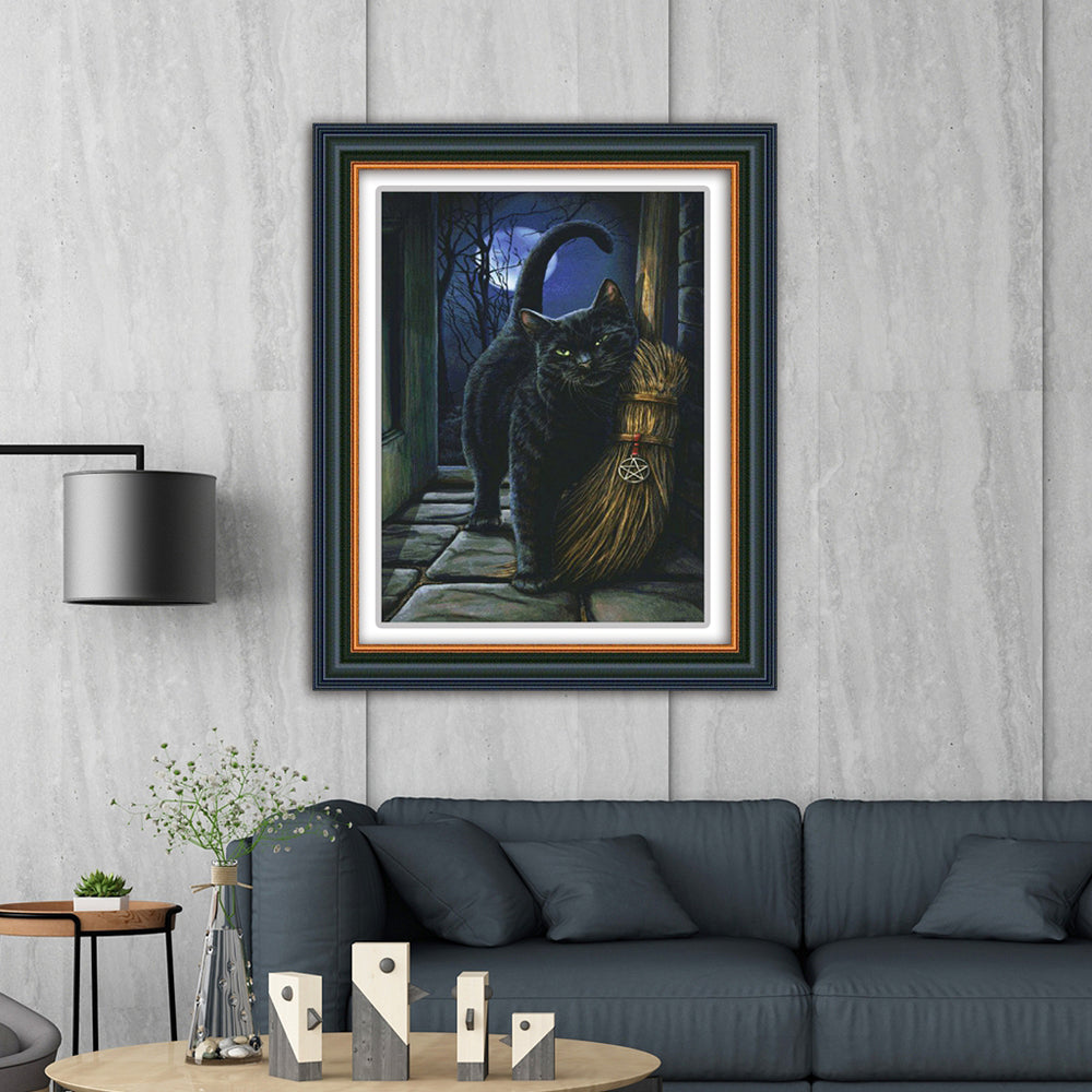 5D Diamond Painting Cat And Broom, Full Embroidery, Art,