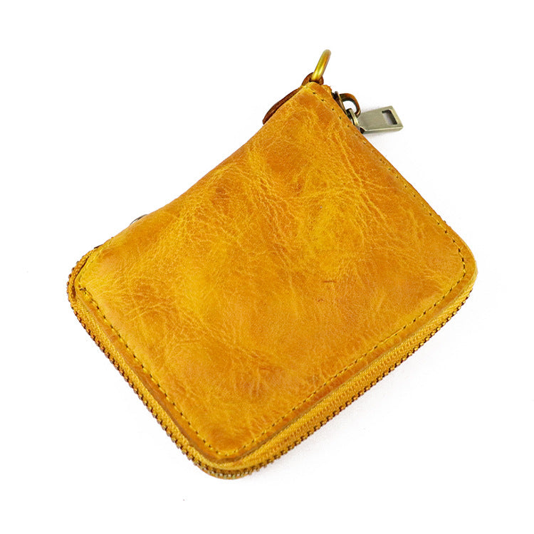 Zipper folding compact vegetable tanned leather wallet