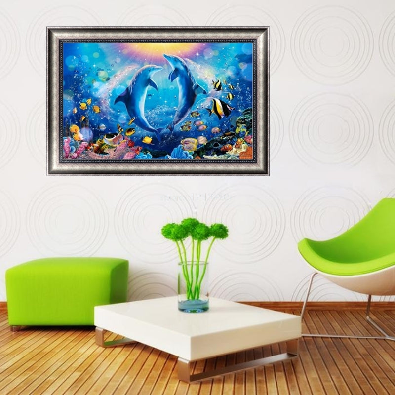 DIY Diamond Painting Cross Ocean Dolphin Needlework 5D Embroidery Round Crystal Resin Mosaic