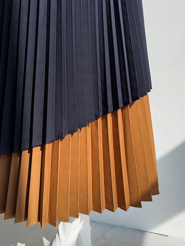 Women Skirt High Elastic Waist Contrast Colors Fashion Fold Skirts Female Clothing Irregular