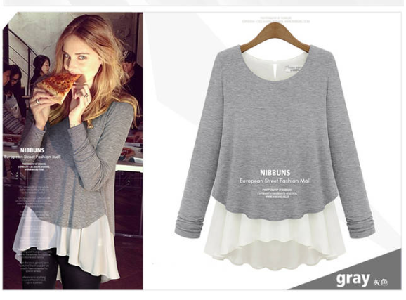Stitching bottoming shirt European and American T-shirt women's sweater new long-sleeved chiffon shirt