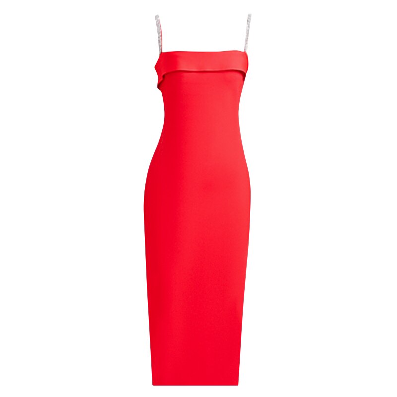 JUNE LIPS Sexy Women's Bandage Dress Red tight V-neck Spaghetti Club Celebrity Midi Party Dress Women's Birthday Dress