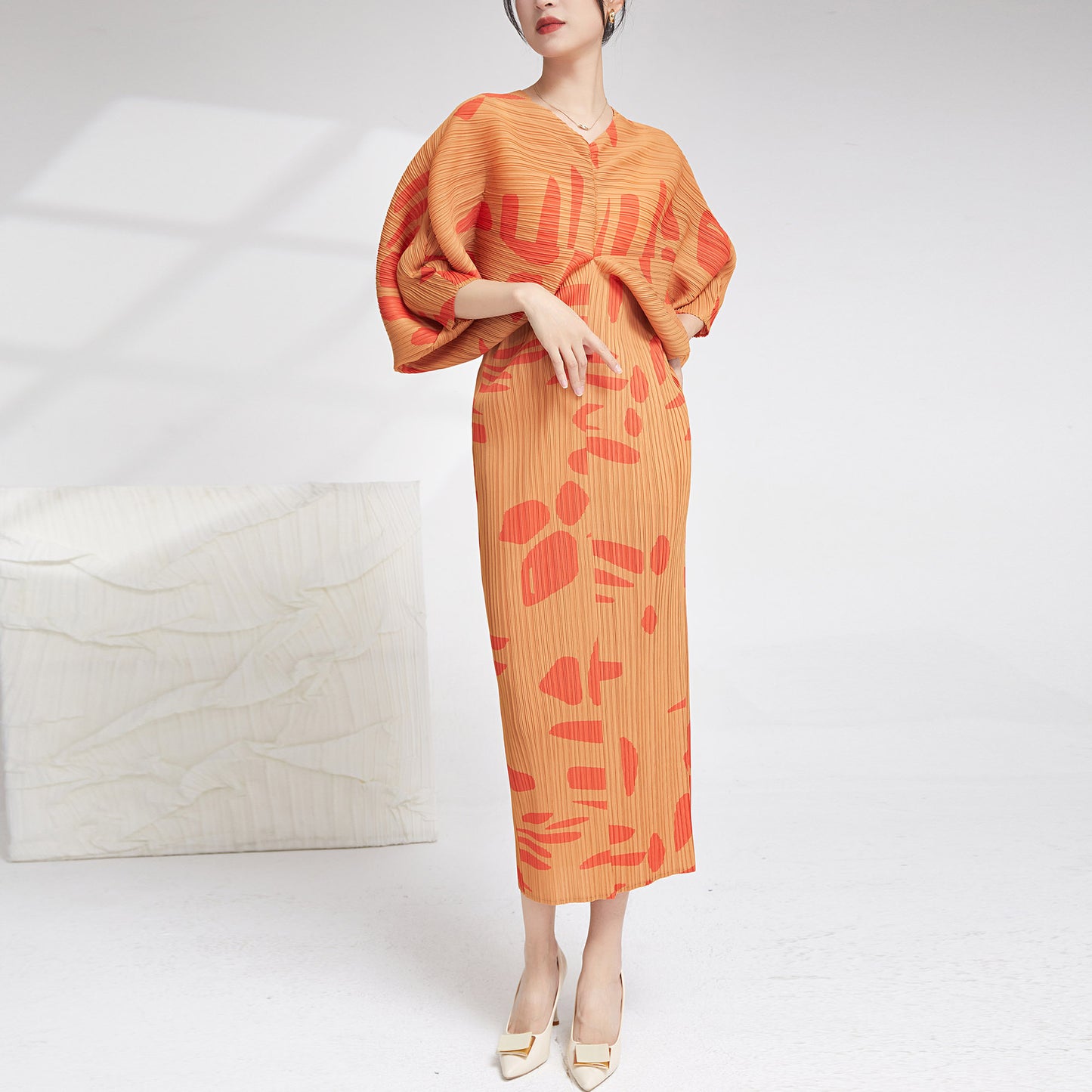 Pleated Dress For Women V Neck Batwing Sleeves Printing Maxi Dresses Female Luxury Evening Clothing