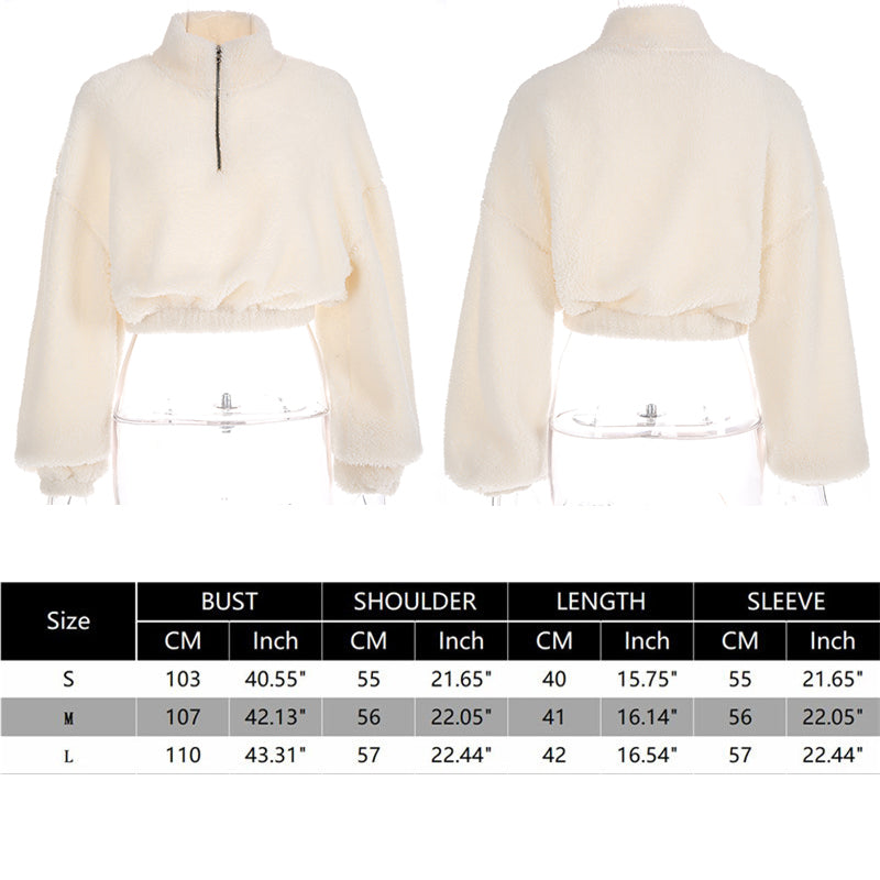 Winter Pullover Sweatshirts Women Zipper Oversized Hoodies Ladies White Turtleneck Faux Lambswool Crop Top Hoodie