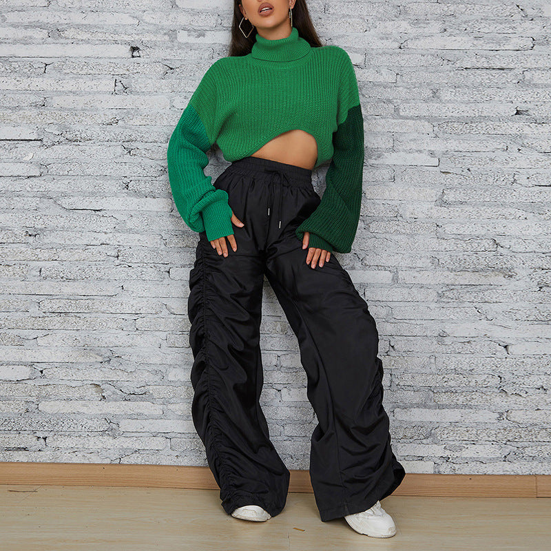 Autumn New Style Women's Fashion Color Contrast Splicing Long Sleeve Street Shot Knitting High Collar Loose Casual Sweater