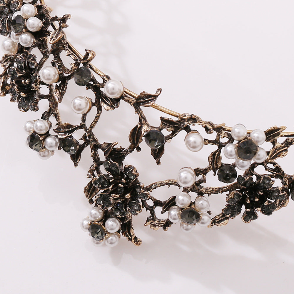 Floral Black Diamond Pearl Baroque Bridal Crown Wedding Tiara Accessories