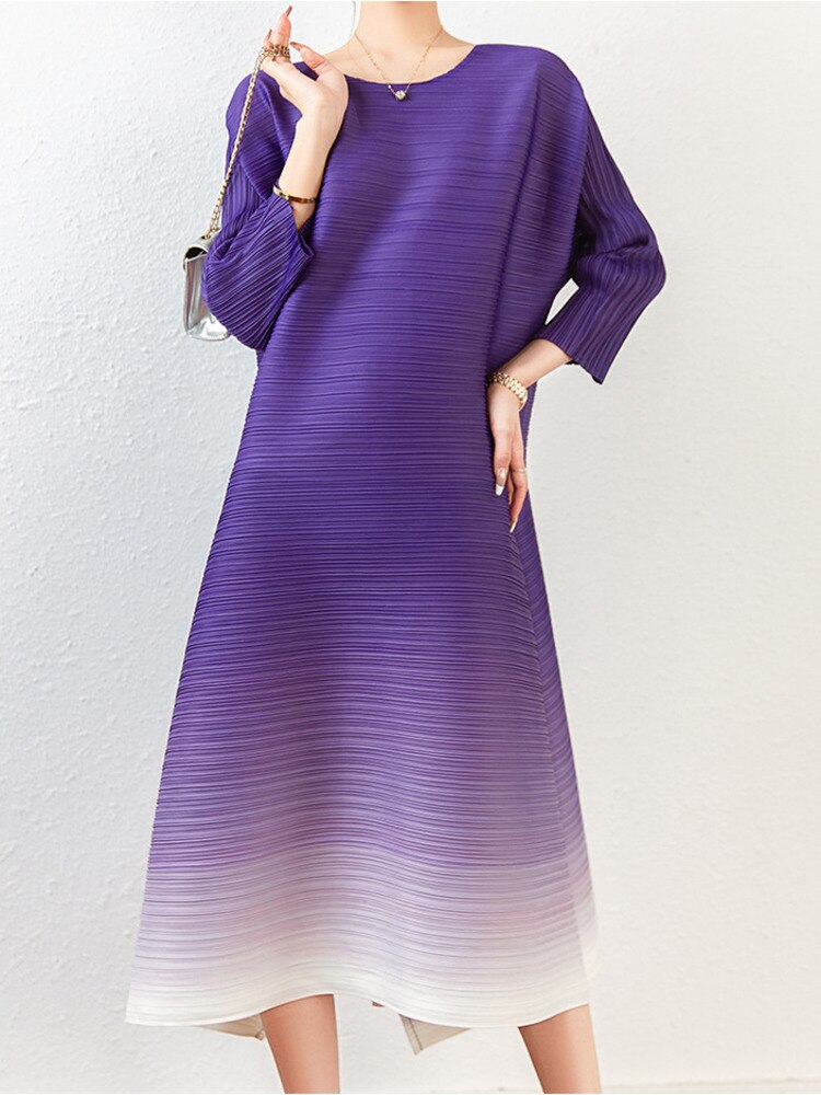 Women Pleated Dress Gradient Color O-neck Elegant Loose Waist Long Sleeve Dresses