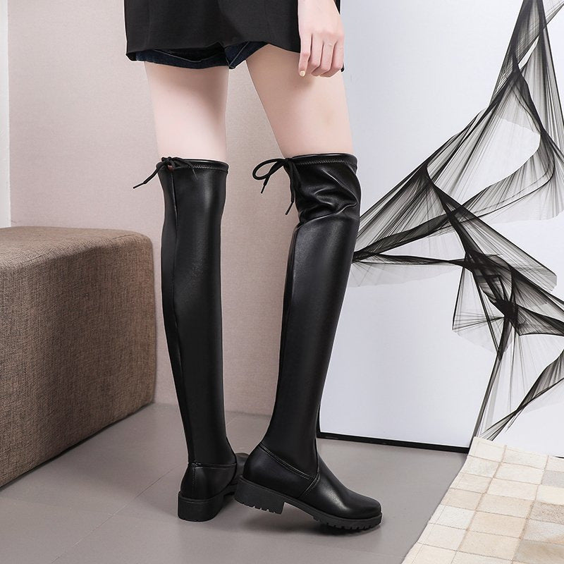 Women's Thick Heel Lace Up High Tube Thin Leather Boots