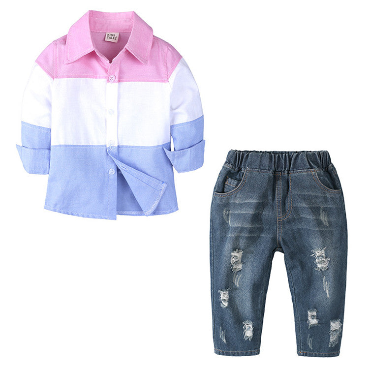 Long-sleeved Shirt Spring And Autumn Bottoming Shirt Ripped Jeans Suit Boy Two-piece Suit