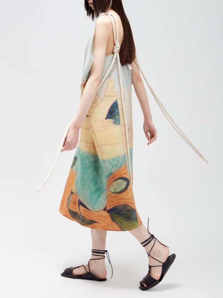 Casual Printing Dresses for Women Slash Neck Sleeveless Loose Waist Patchwork Lace Up Backless Oversize Dress Female