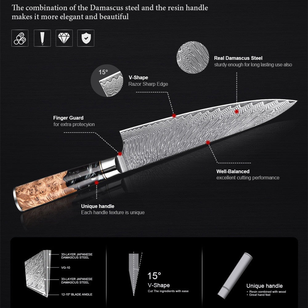 Damascus Steel Black Stabilized Wood Resin Handle Kitchen Knife