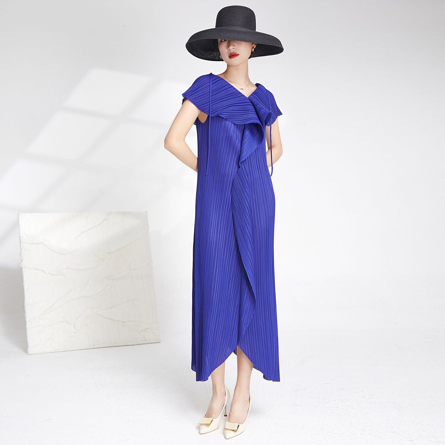 Miyake Pleated Irregular V-neck Sleeveless Dress Korean Fashion Causal Ladies Designer Long Vest Dress Summer New Clothes