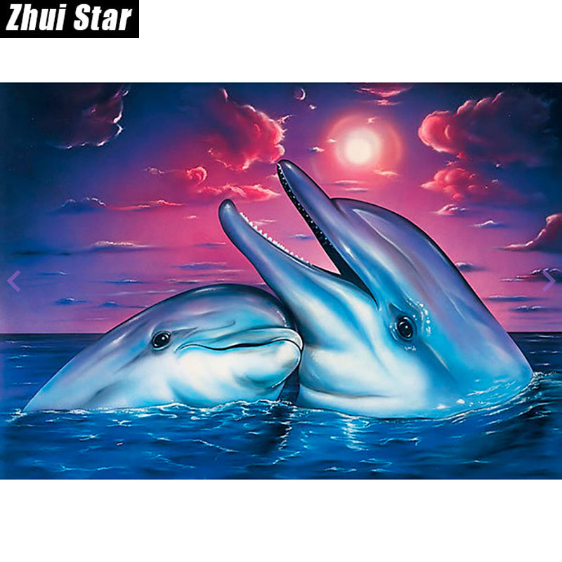 Full Square Diamond 5D DIY Diamond Painting Happy Dolphin Embroidery Cross Rhinestone Mosaic Painting Decor