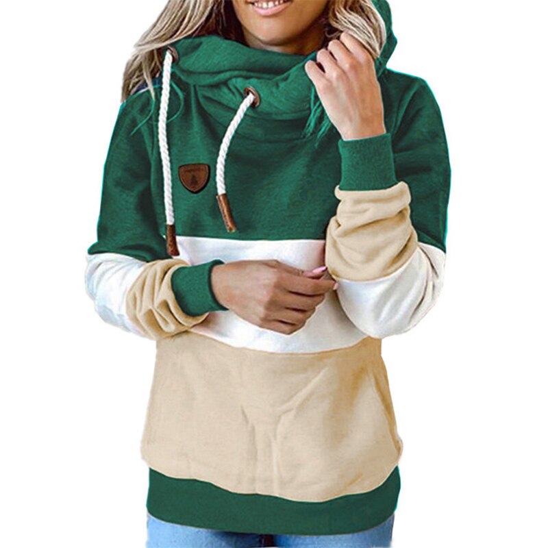 Winter women Contrast Stitching hooded Turtleneck Casual Solid Contrast Long Sleeve Hoodie Sweatshirt Tops