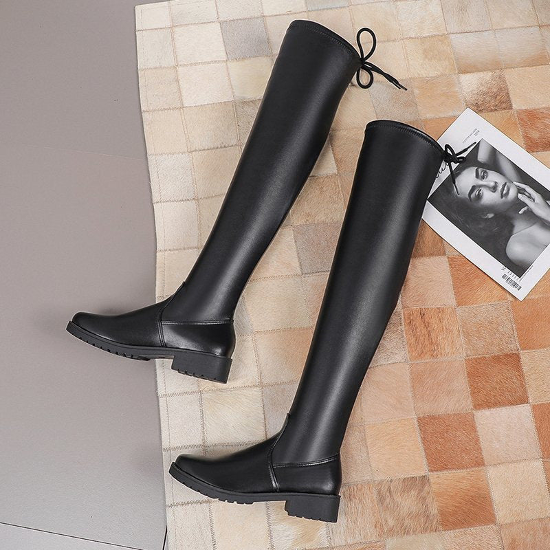 Women's Thick Heel Lace Up High Tube Thin Leather Boots