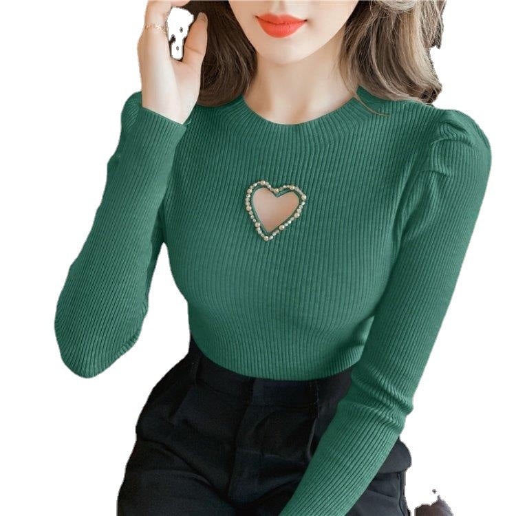 New Hollow Heart Beaded Knitted Bottom Shirt For Women