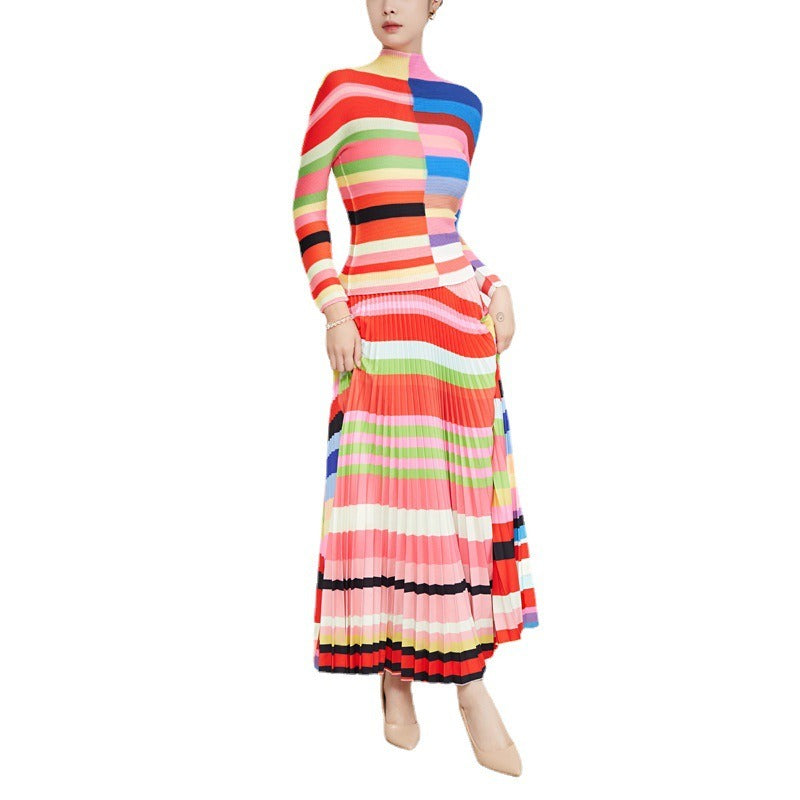 2 Pieces Set Fashion Long Sleeves Slim Tops High Waist Skirts Fashion Printed Clothing