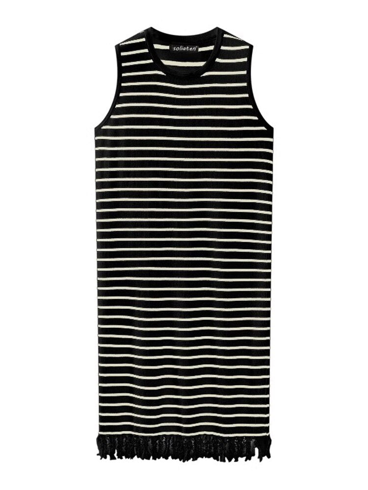 Contrasting Color Striped Knitted Sleeveless Dress Summer New Lazy Simple High-end Sundress Tassel