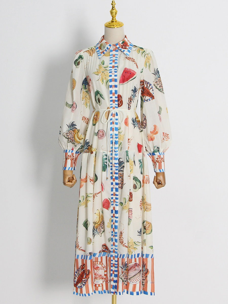 FRUIT PRINTED LONG DRESS FLIP NECK LAMP SLEEVE TIE UP DRESS