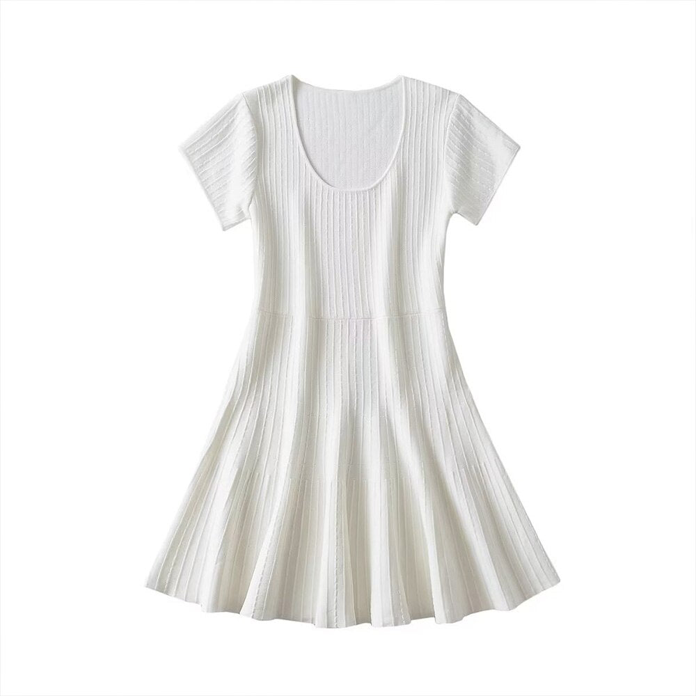 PB&ZA summer new women's temperament solid colour fashion round neck chic waist slip ice knit mini dress