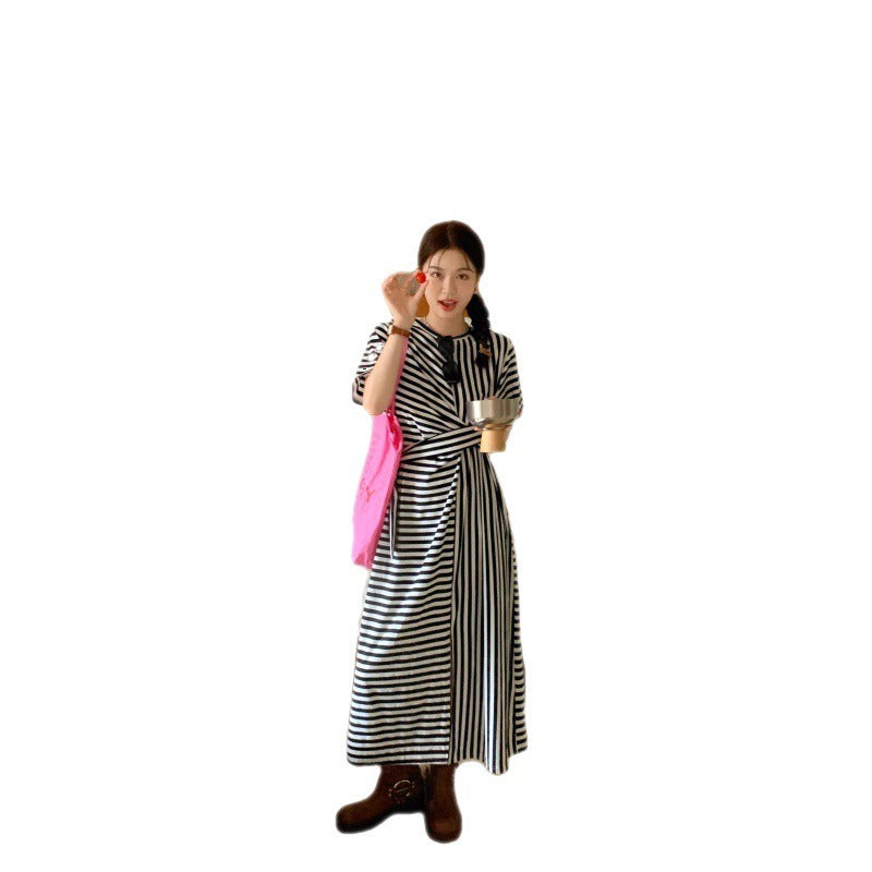 Korean Version of French Design with Irregular Tie Up Waist And Round Neck, Medium Length Split Stripe Short Sleeved Dress