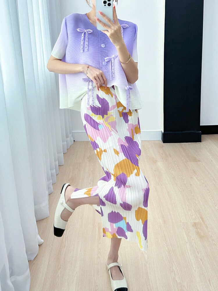 Printing Pleated Skirts For Women Korean Fashion High Waist With Elastic Slit Elegant Midi Skirt