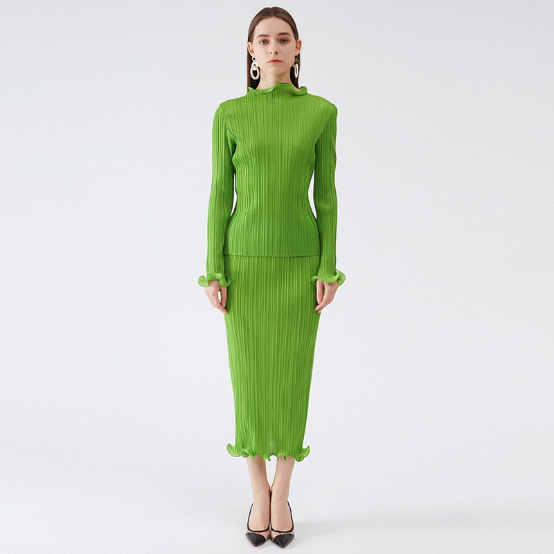 Miyake Pleated Spring Autumn Green Skirt Two piece Sets Elegant Casual Designer Clothes