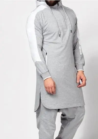 Hooded Men Muslim Jubba Thobe Patchwork Islamic Clothing Long Sleeve Dubai Kaftan Male Saudi Arabia Shirt Plus Size 3XL 4XL