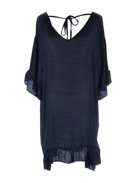 Solid Color Sun Protection Shirt Ruffled V-neck Bikini Loose Blouse