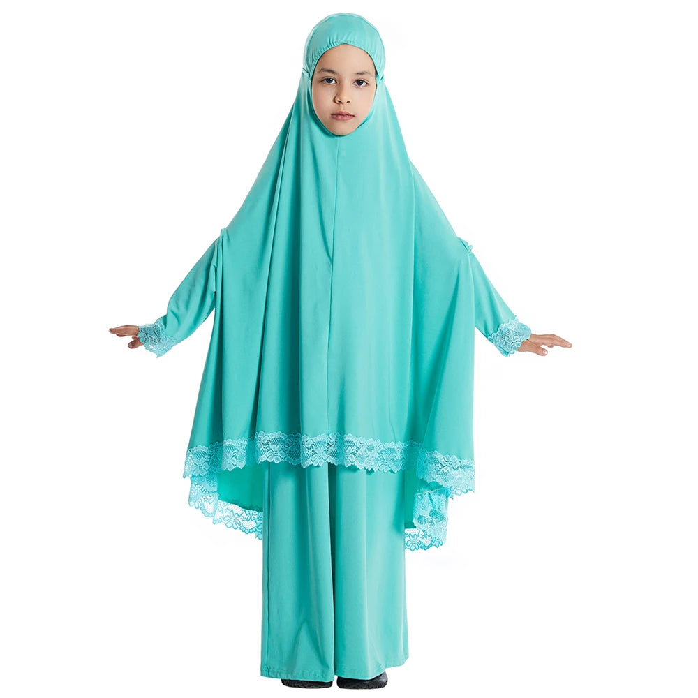 2Pcs Traditional Muslim Kids Girls Abaya Eid Hooded Overhead Hijab Burqa Maxi Skirt Sets Turkey Dubai Kaftan Prayer Garment Gown