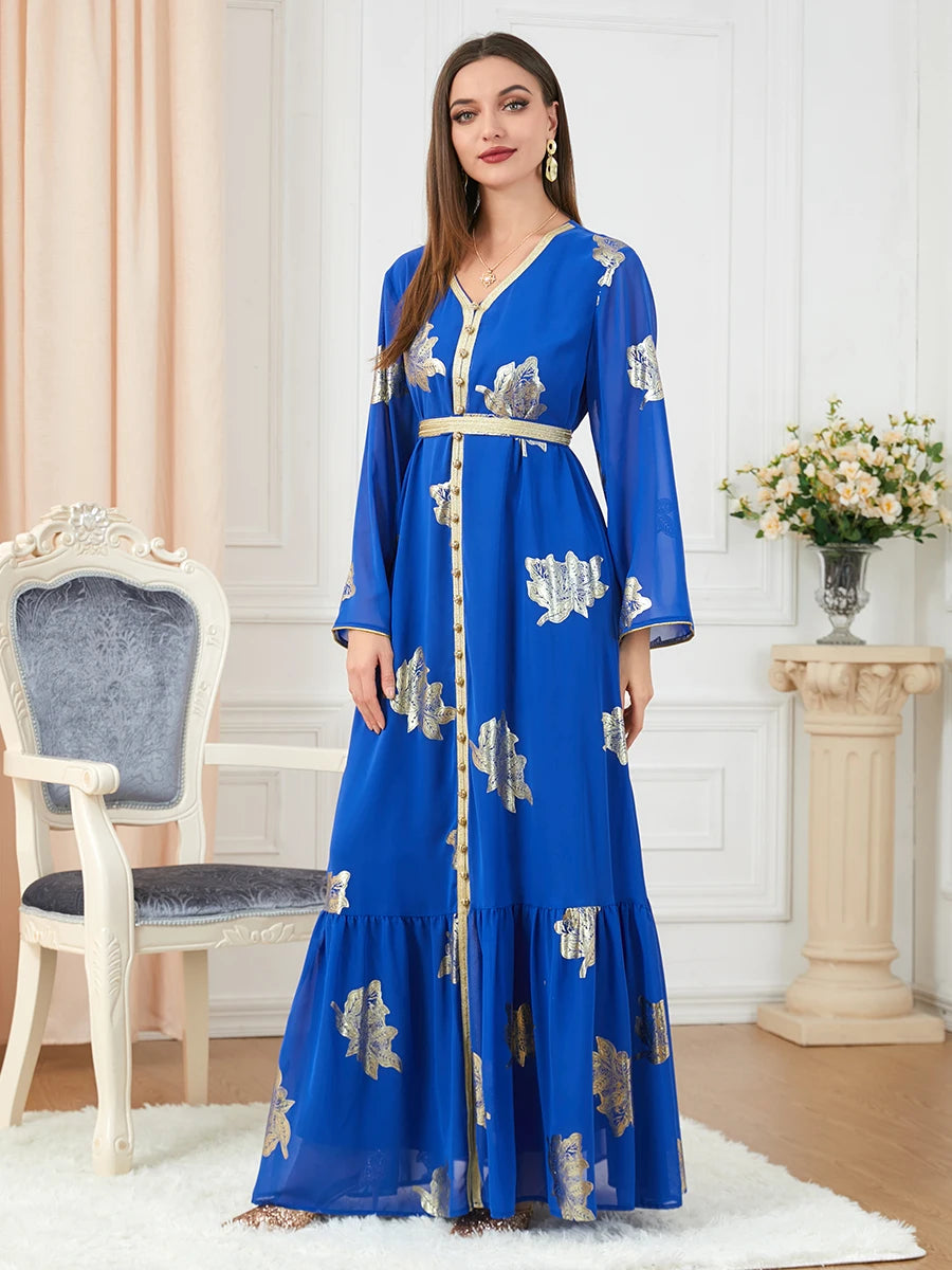 Party Dresses Muslim Abaya Women Dubai 2024 Iron Long Sleeve V-Neck Button Maxi Long Dress Tape Belted Kaftan Split Hem Vestidos