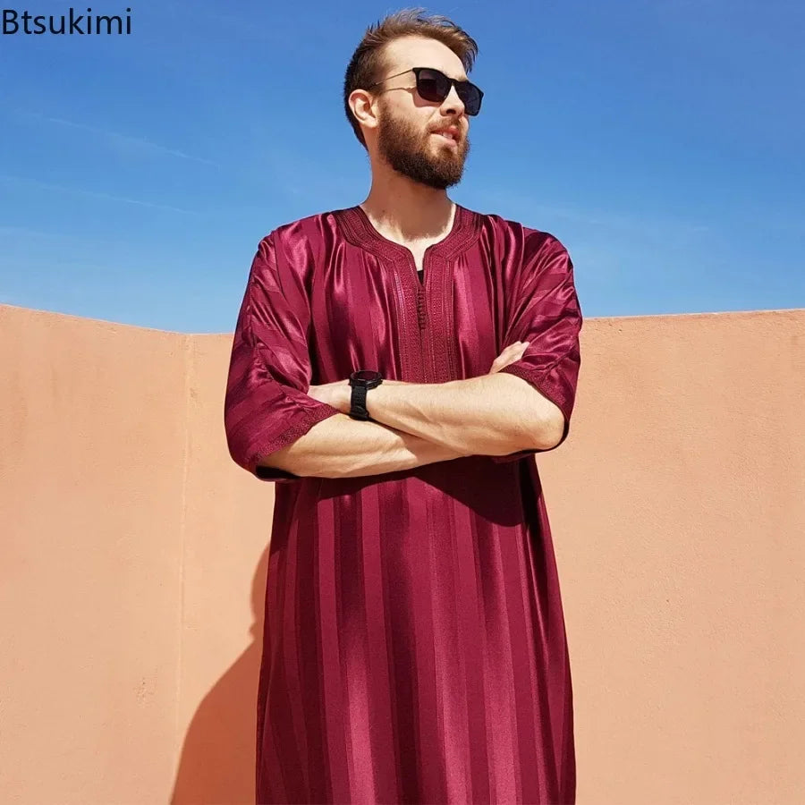 New 2025 Men Arab Muslim Fashion Islamic Clothing Men Embroidered Jubba Thobes Homme Moroccan Kaftan Eid Prayer Long Robe Dress