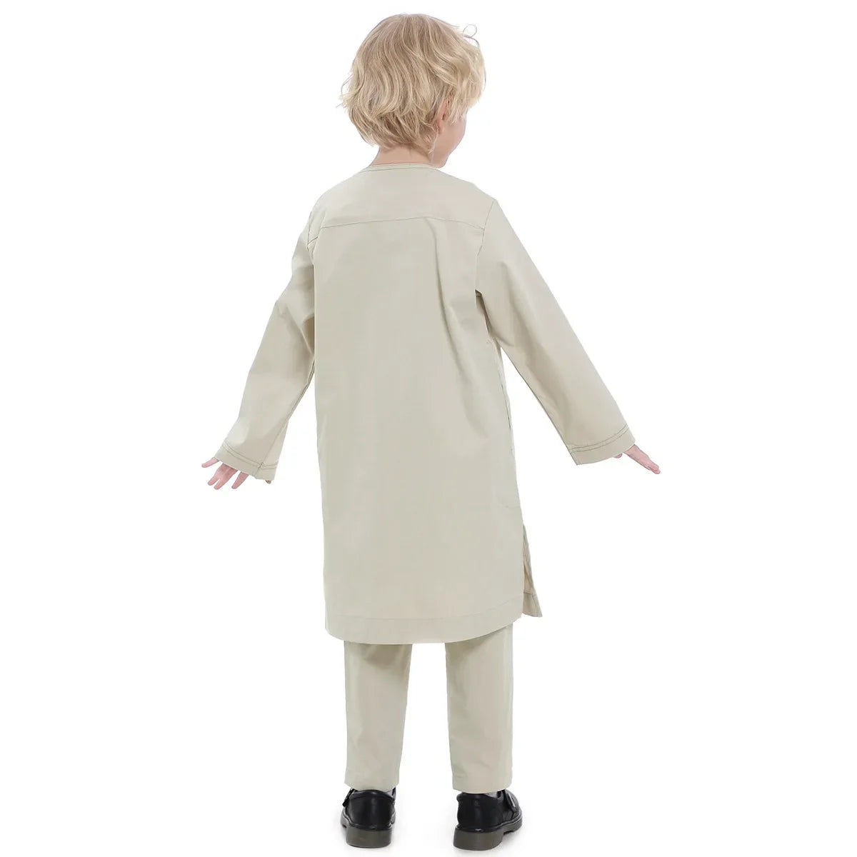 Muslim Children Robe 2 Pieces Set Kids Boy Round Neck Long Sleeve Printed Dress Shirt Abaya Kaftan Jubba Thobe Islamic Clothing