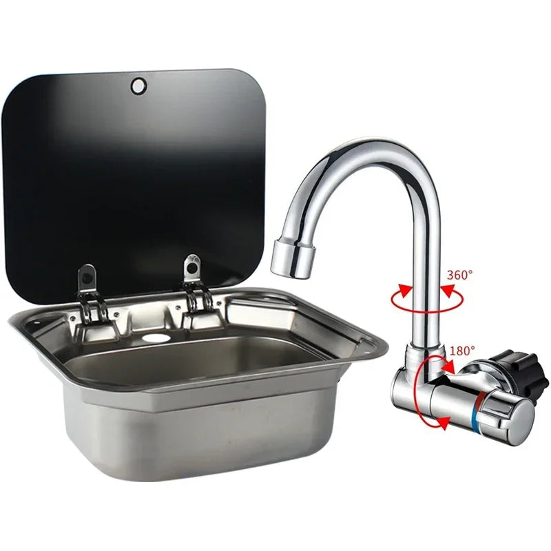 RV Camper Stainless Steel Hand Wash Basin Sink With Folded Faucet Tempered Glass Lid Washbasin for Caravan Boat Motorhome