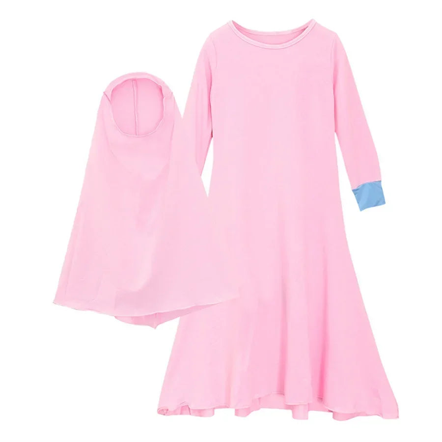 Muslim Islamic Baby Girls Ramadan Abaya With Hijab Full Length Robe Burka Maxi Little Kids Kaftan Girls Prayer Dresses Gowns