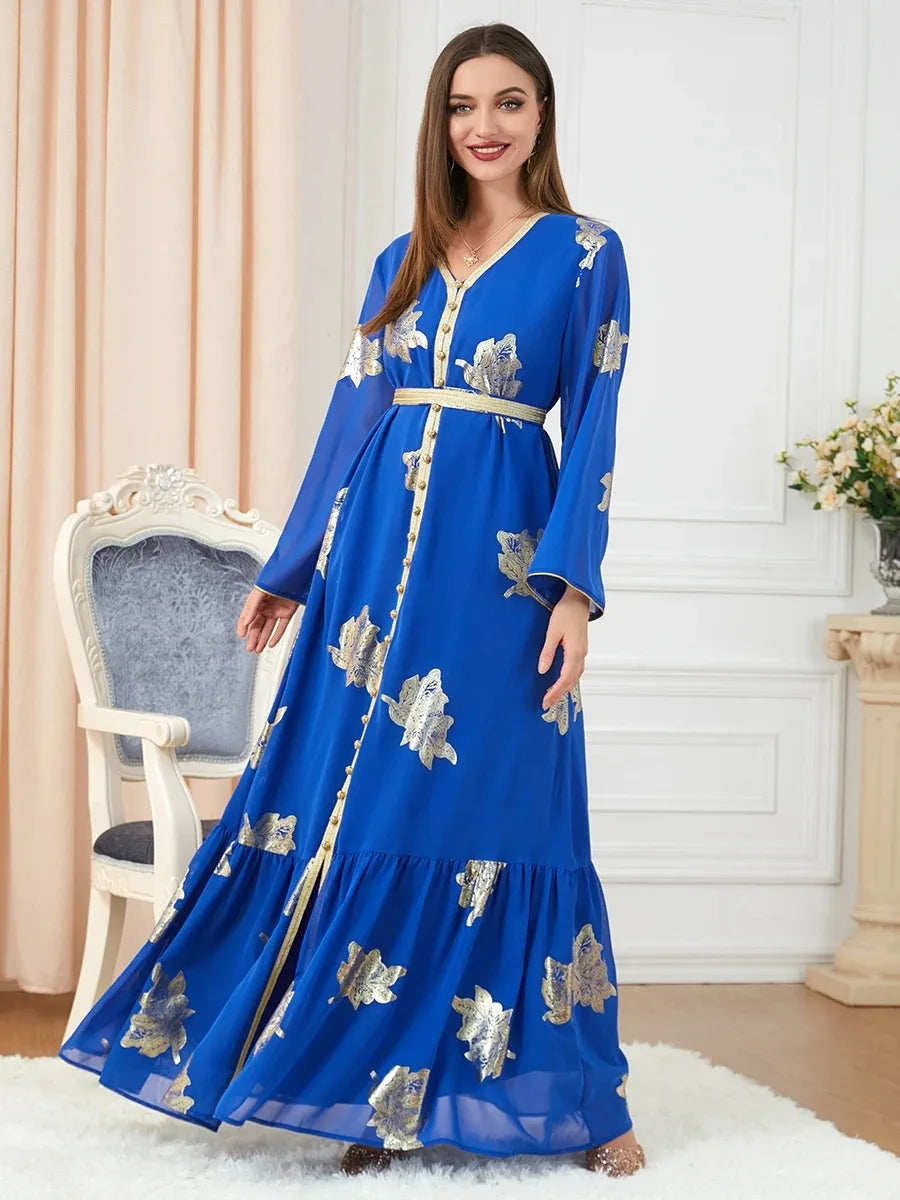 Party Dresses Muslim Abaya Women Dubai 2024 Iron Long Sleeve V-Neck Button Maxi Long Dress Tape Belted Kaftan Split Hem Vestidos