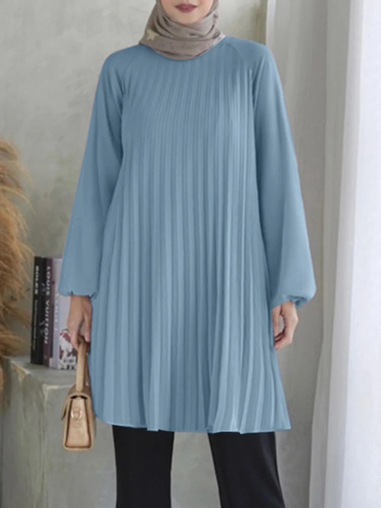 Fashion Women Long Sleeve Pleated Tops ZANZEA Autumn Muslim Blouse Long Shirt Ramadan Abaya Turkey Kaftan Solid IsIamic Clothing