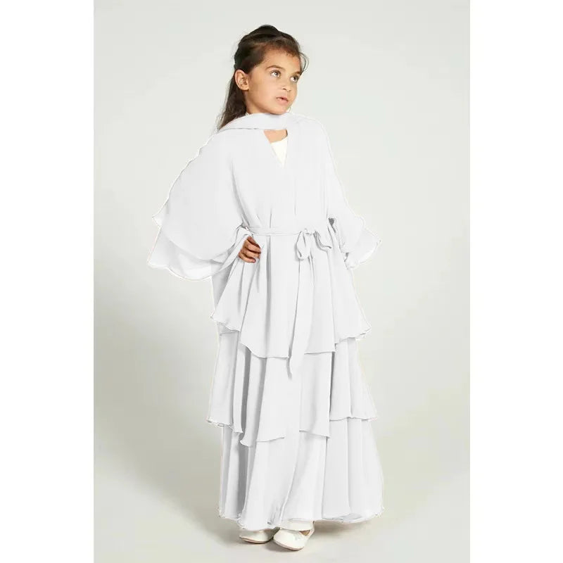 Ramadan Eid Muslim Sweet Girl Abaya Chiffon 3 Layers Cake Dress Kids Abayas Dubai Arabic Islam Abayas Children Robe Cardigan