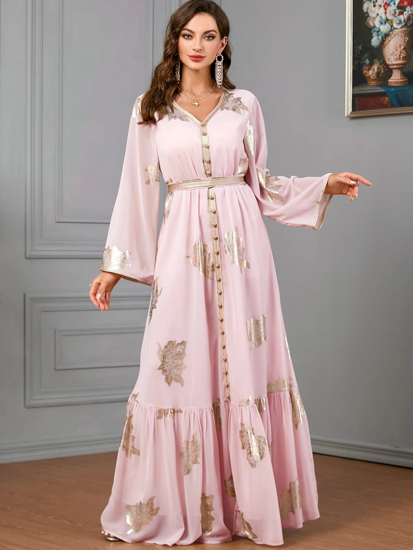 Party Dresses Muslim Abaya Women Dubai 2024 Iron Long Sleeve V-Neck Button Maxi Long Dress Tape Belted Kaftan Split Hem Vestidos